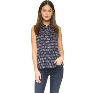 Diane Von Furstenberg Blue 12 Top Silk Floral Blakely Pleated Front Sleeveless